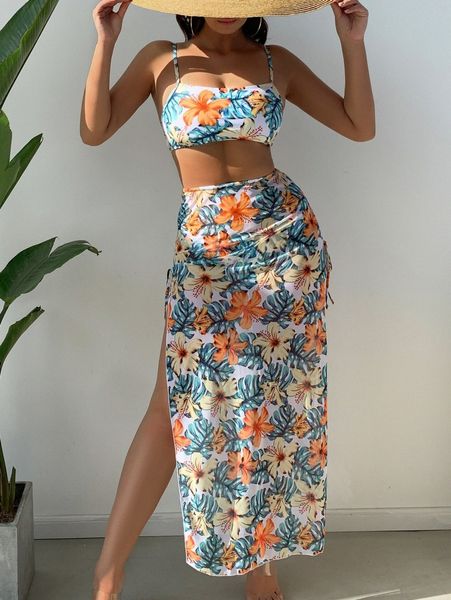 

floral bikini swimsuit with beach skirt 43ve#, White;black