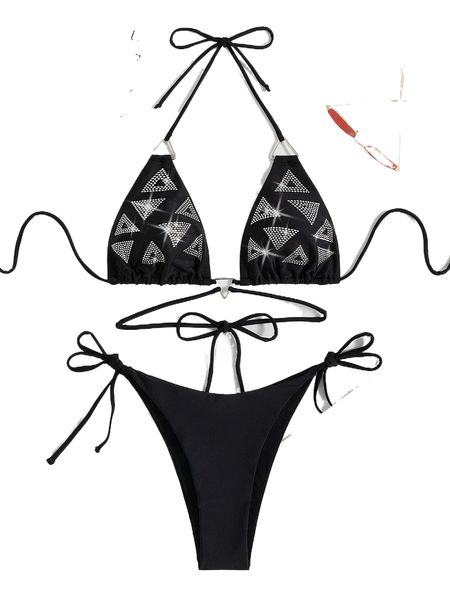 

geometric rhinestone studded halter triangle bikini swimsuit e9p7#, White;black