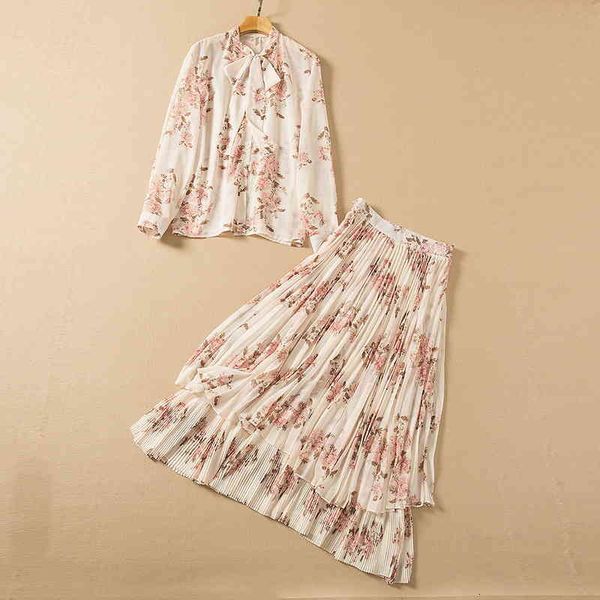 

women's two piece pants chiffon floral dress women's spring and summer 2022 ribbon collar long sleeve shirt pleated skirt fashion, White