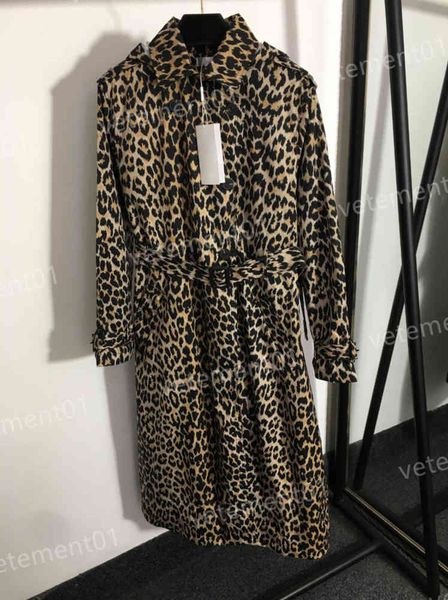 

womens designer trench coats brown leopard print belt waist lapel long sleeve trench coat luxury autumn fashion brand long jackets 0912, Tan;black
