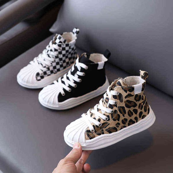 

autumn 2021 new children's high-canvas shoes, leopard print casual shoes, shell-toe boys and girls shoes g220413, Black;red