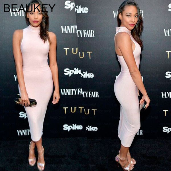 

light pink rayon high neck sleeveless mid calf fashion bodycon midi bandage dress 210414, Black;gray