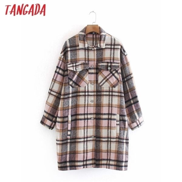 

tangada women pink plaid pattern long coats jacket loose long sleeves pocket ladies elegant overcoat 2w42 201221, Black