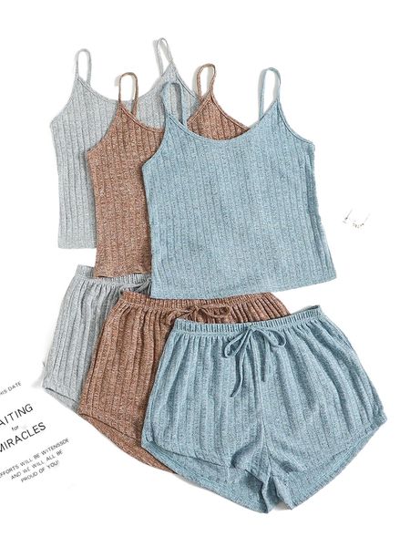 

3sets ribbed knit cami & tie front shorts lounge set v7nc#, Black;red
