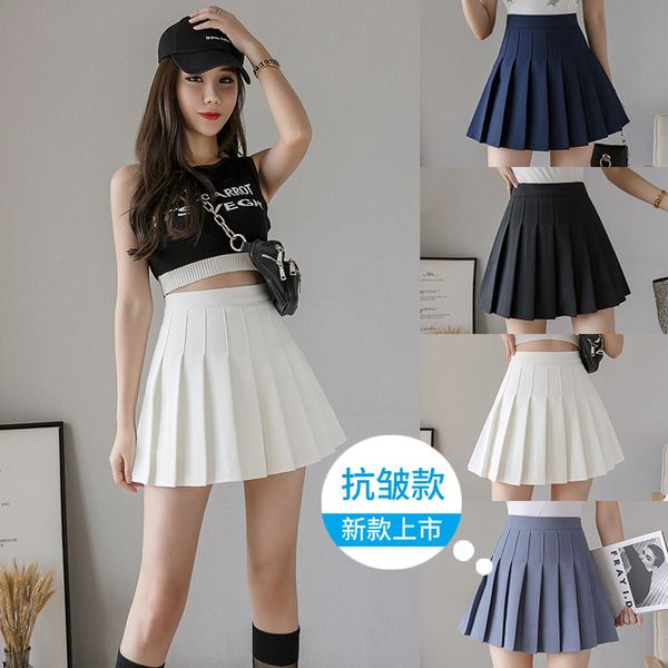 

white pleated skirt womens summer short skirt japanese high waist autumn and winter new mid-length black large size a- line skirt