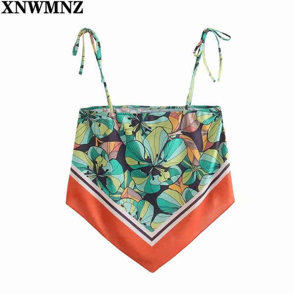 

xnwmnz women fashion floral print cropped tank vintage straight neck tied thin straps chic female camis mujer 210513, White