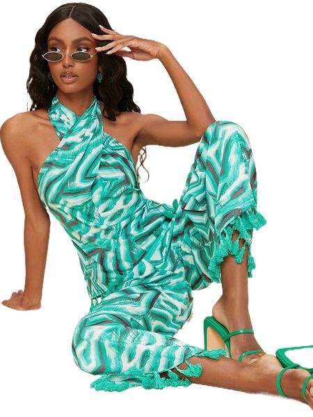 

allover print tassel trim tie backless halter & pants q9d8#, White