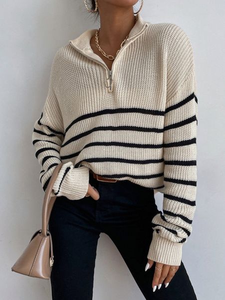 

striped drop shoulder zipper front sweater r1og#, White;black