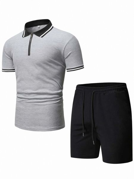 

men stripe trim quarter zip polo shirt & drawstring waist shorts p1yj#, Gray