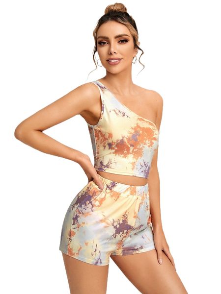 

t.ie d.ye o.ne s.houlder t.op & s.horts c3nr#, White