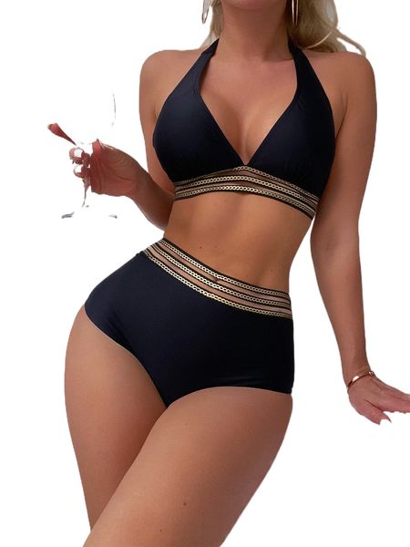 

contrast mesh halter bikini swimsuit s7ol#, White;black