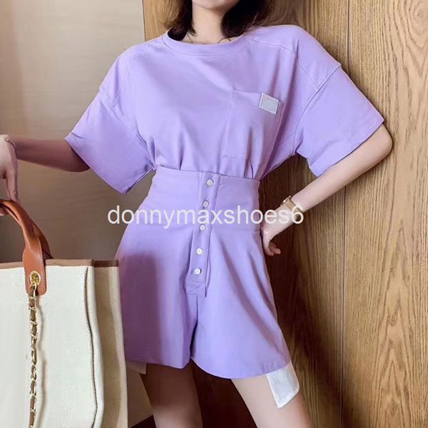 

two piece dress special designer letter embroidery loose t-shirt + high waist button short sportswear suit women, White