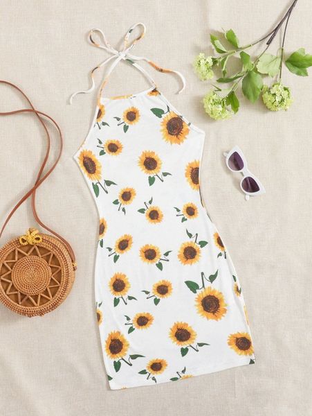 

sunflower print tie back halter dress d3ad#, Black;gray