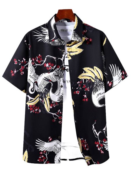 

men random crane & floral print shirt without tee k33l#, White;black