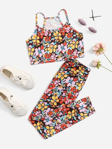 

girls floral print cami & pants she, White