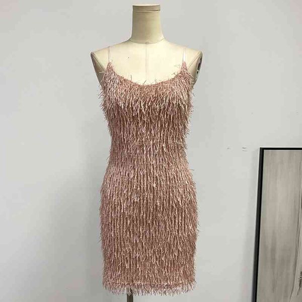 

casual dresses foreign trade original single lady style pink maomao tassel short skirt romantic dating sling slim small dress, Black;gray
