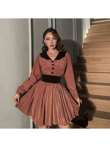

casual dresses vintage original girls college style caramel wave point waist pleated dress 6kkk, Black;gray