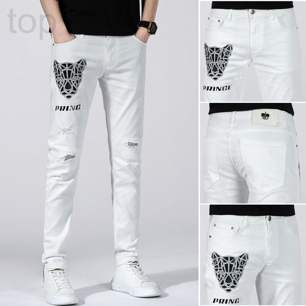 

men's jeans designer korean fashion white hole patch jeans men's spring and summer embroidery slim fit small feet personalized pri, Blue
