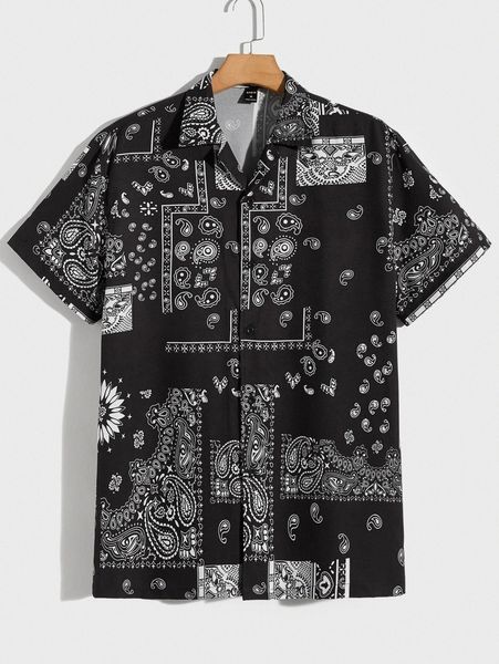 

men paisley print button front shirt t8em#, White;black