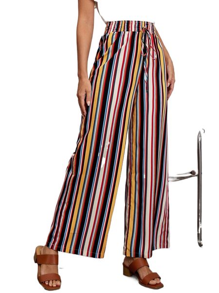 

colorful striped shirred tie front wide leg pants x0dw#, Black;white