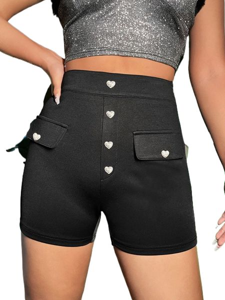 

heart button flap detail skinny shorts 26ig#, White;black