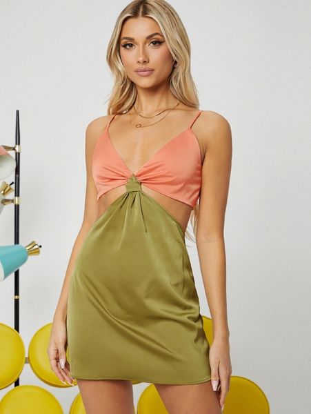 

club cutout waist ruched bust two tone satin slip dress u6s4#, Black;gray