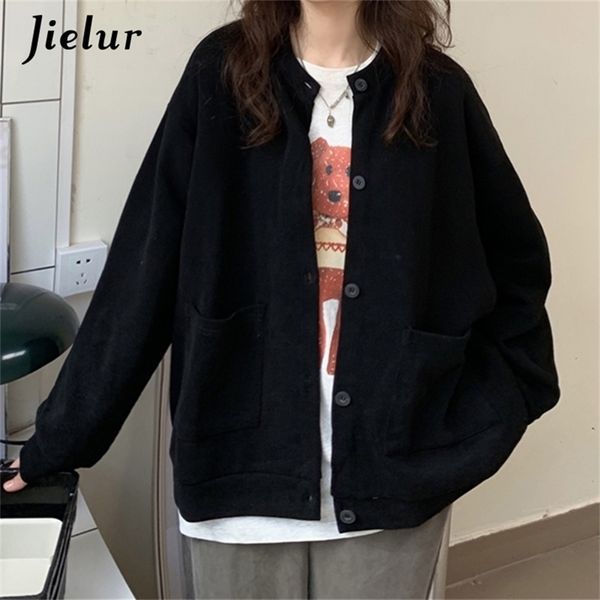

jielur single breasted loose solid color knitted cardigan jacket women green long sleeve pockets sweater gray chic coat female 220811, White;black