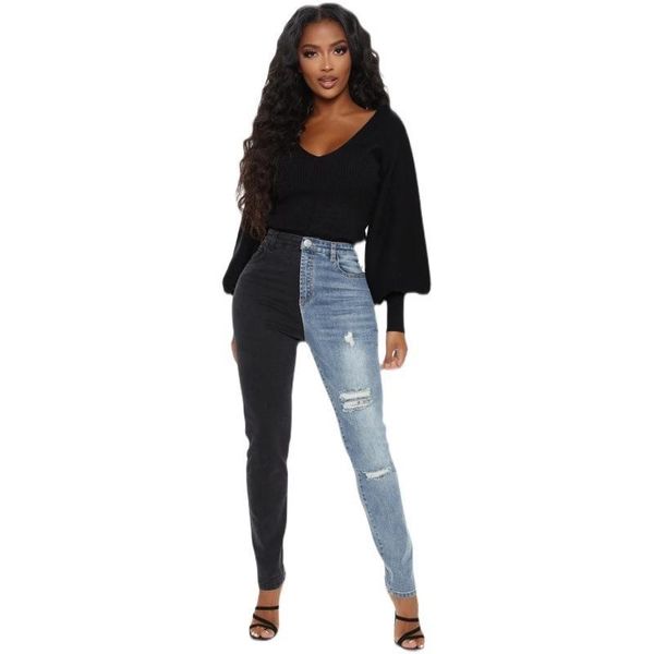 

women's jeans stretch hole high waist 2022 pencil pants, Blue