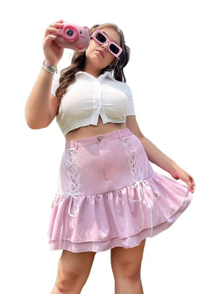 

plus lace up front two layer hem skirt a8oz#, Black