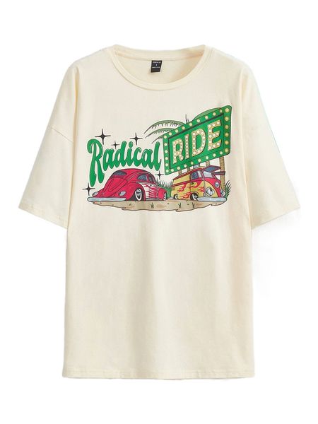 

x krassti car & letter graphic drop shoulder tee v8ub#, White