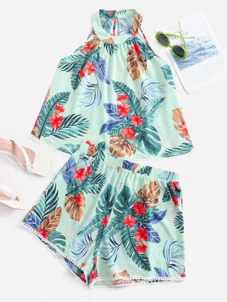 

plus tropical print keyhole back halter & shorts q3qn#, Black