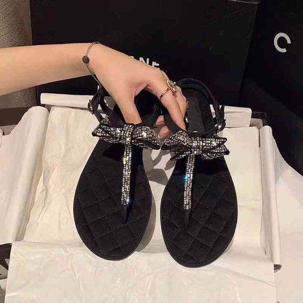 

sandals high version c family small fragrance feng shui diamond clip foot bow thick heel sandals women's versatile toe flat back empty, Black