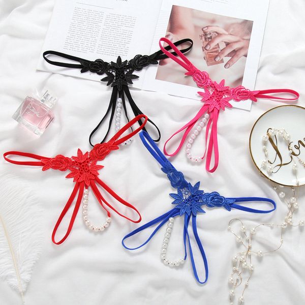 

briefs&panties big brand embroidery three-dimensional underwear pearl womens water soluble flower t-back low waist see-through t-shaped pant, Black;white