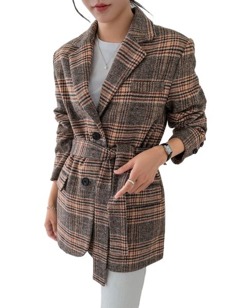 

dazy plaid lapel collar belted tweed overcoat c26c#, Black