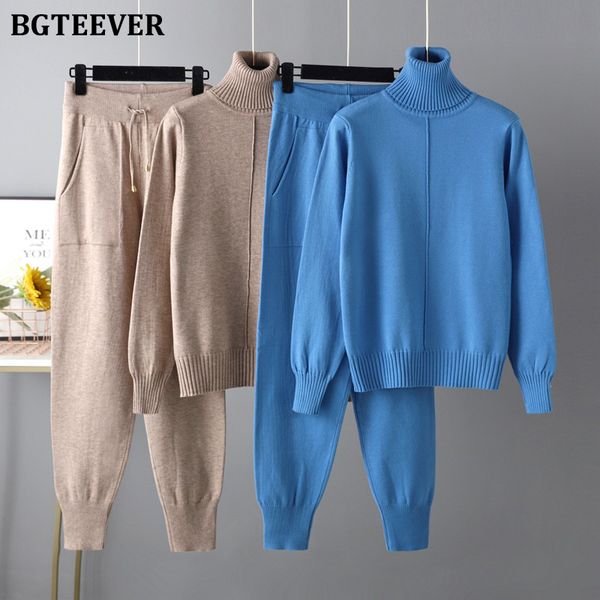 

turtleneck 2 pieces women knitted set long sleeve pullovers &amp harem trousers ladies sweater set 2022 spring autumn, White;black