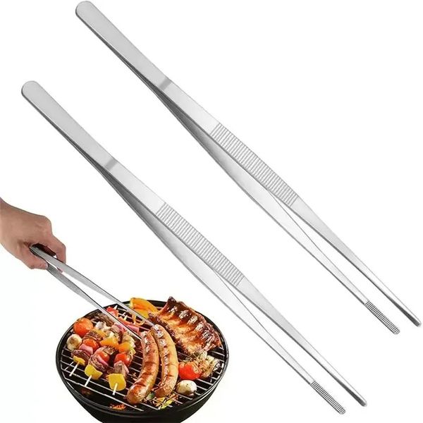 Pinzette dentate UPS da 30 cm per barbecue Pinze lunghe per alimenti in acciaio inossidabile Pinzette per la casa dritte Attrezzo per barbecue da cucina da giardino