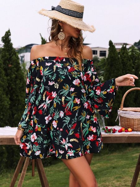

tropical print trumpet sleeve off shoulder dress m3ev#, Black;gray