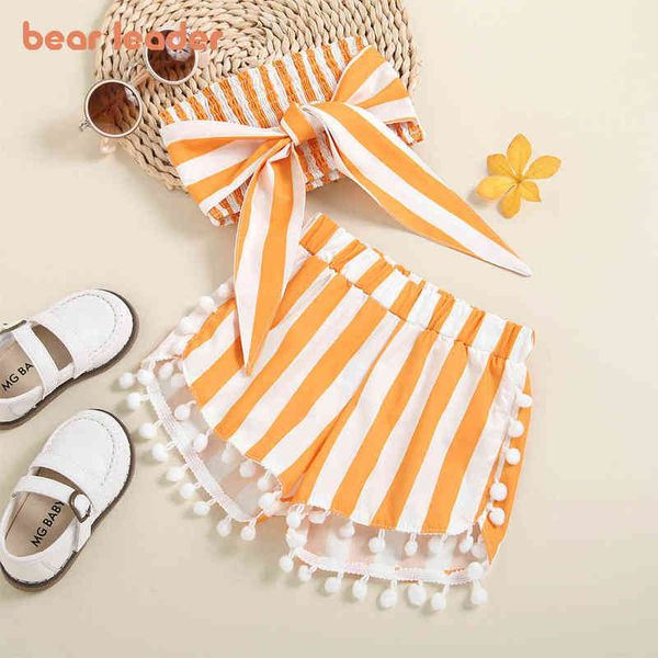 

bear leader summer girls set crop striped tassel shorts pcs outfits baby girls clothes suit bow children's clothing sets y220519, White