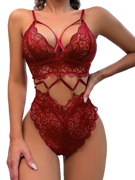 

floral lace cut out ring detail tie back teddy bodysuit 42p3#, Black;red