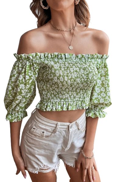 

off shoulder allover floral shirred y2t0#, White