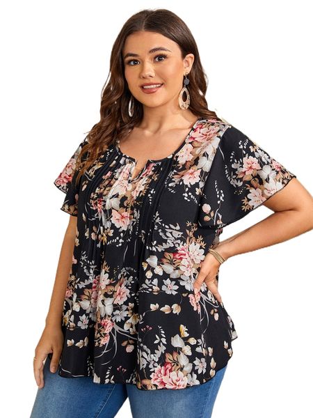 

plus floral print fold pleated notched neck blouse w8jx#, Black