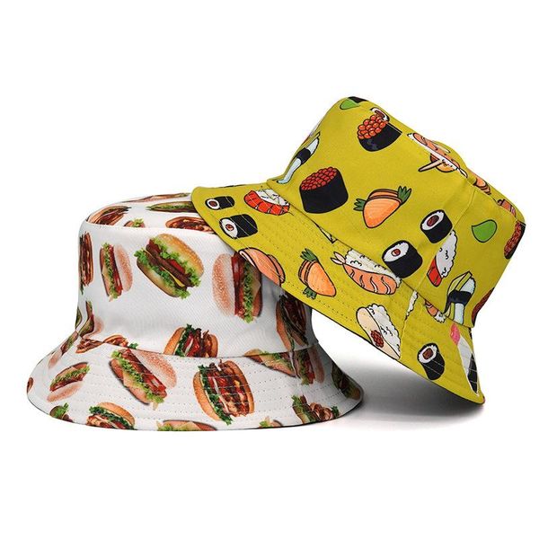 Berets Fashion Unisex Reversible Bucket Hat Damen Herren Sushi Hamburger Food Print Wide Brim Fisherman CapBerets