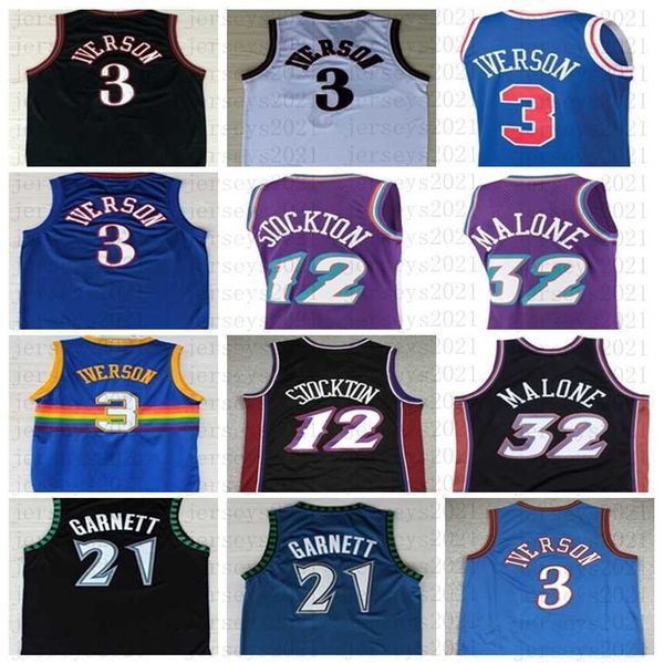

vintage allen 3 iverson jersey kevin 21 garnett basketball jerseys john 12 stockton karl reggie malone miller stitched, Black;red
