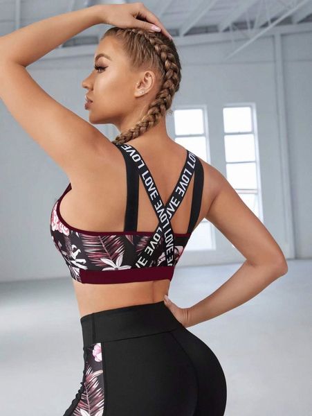 

light support tropical print stitching contrast letter tape crisscross sports bra n302#, Gray