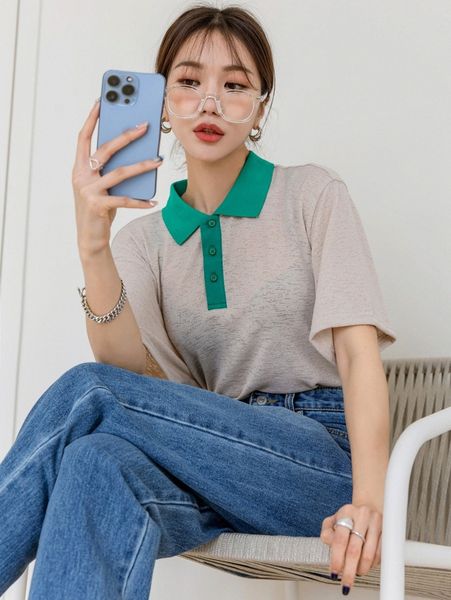 

dazy contrast polo neck drop shoulder tee b3yz#, White