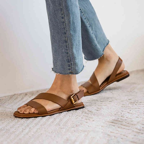 

sandals roman sandals women's summer casual one line leather shoes flat bottom m05b, Black