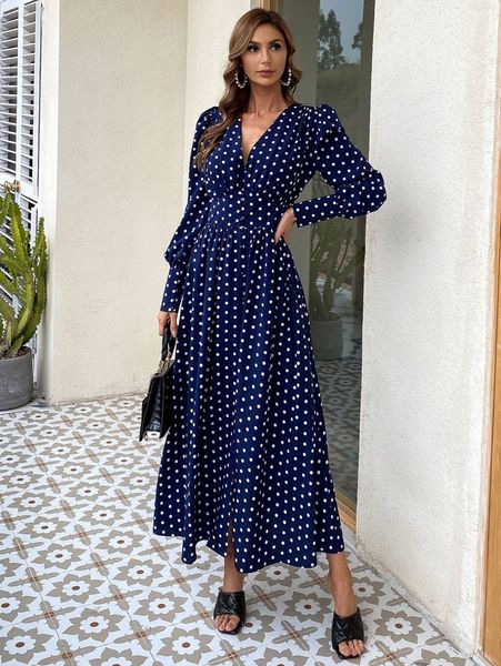 

missord polka dot lantern sleeve a line dress m1ll#, Black;gray