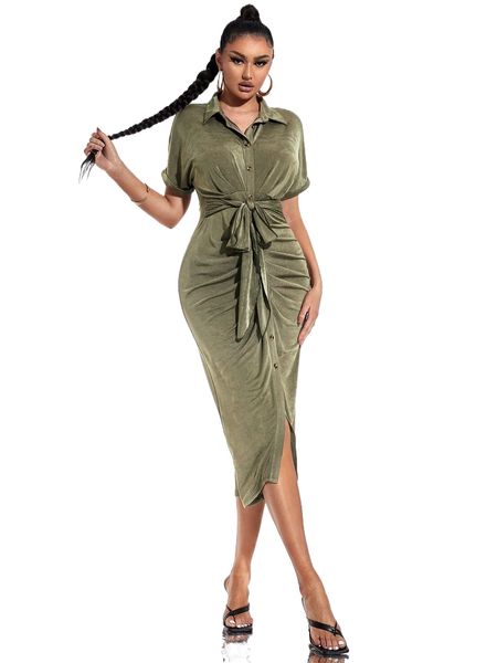 

sxy button front ruched belted shirt dress y2hz#, Black;gray