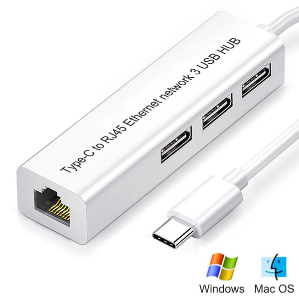 Hubs de rede USB 3.1 Porta Tipo-C para Hub USB RJ45 LAN CABELA DE ADAPTOR Ethernet Fast Ethernet USB2.0 Wired for Windows Mac iOS Android RTL8152 PC MacBook laptop