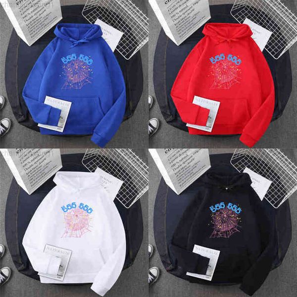 

spider web print sp5der hip hop singer's same style bubble hair letter 555 print men's and women's couple's sweater hood, Black